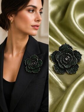 Emerald Rose Green Crystal Brooch